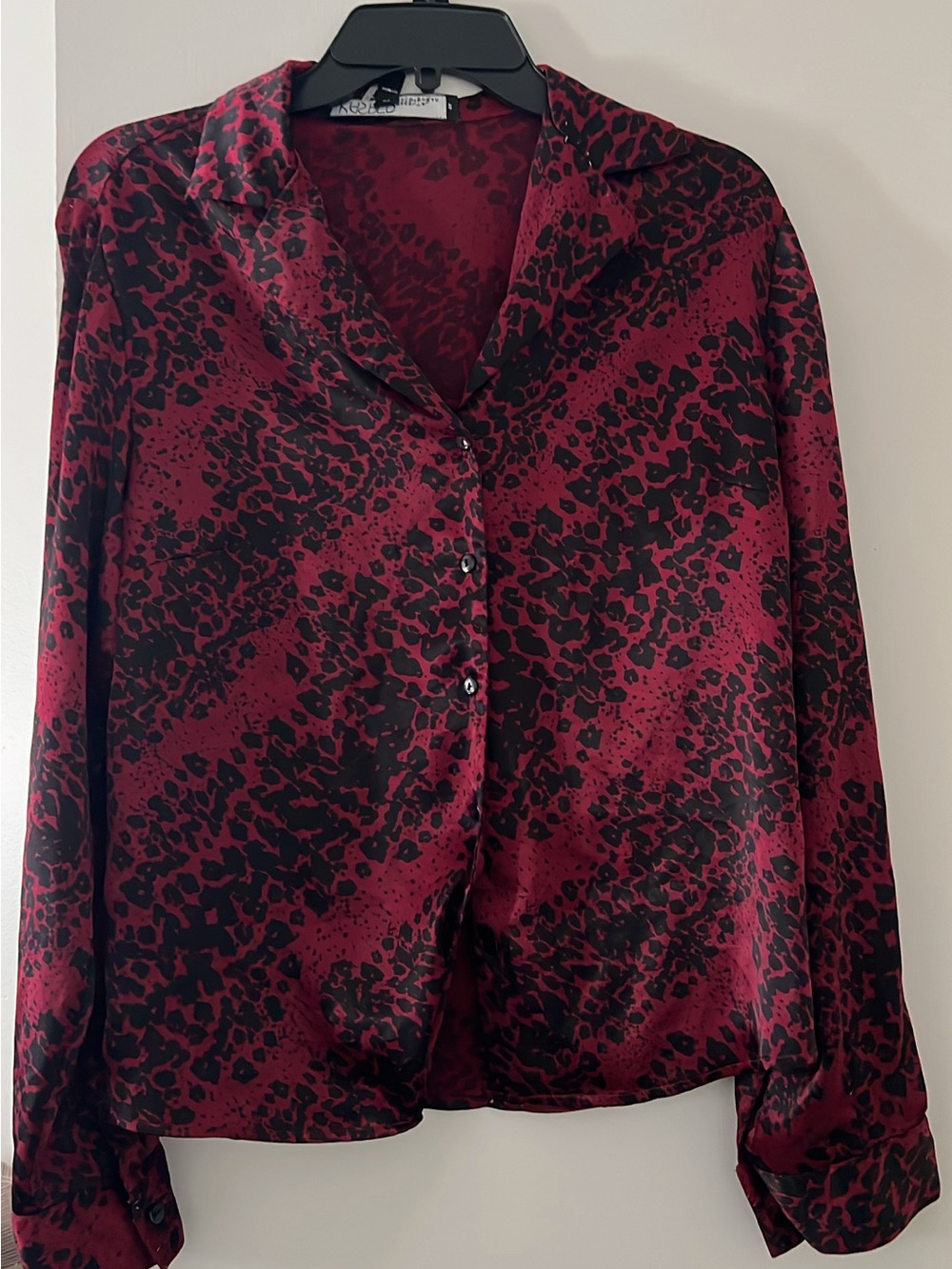 Kasper Burgundy and Black Animal-Print Satin Button-Front Blouse